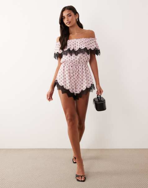 AFRM Emun off shoulder lace trim romper in pink polka dot - view 1