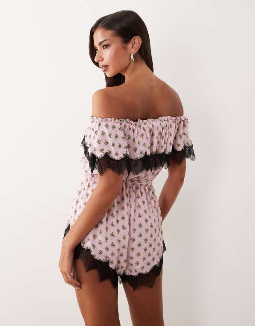 AFRM Emun off shoulder lace trim romper in pink polka dot, 2 of 4