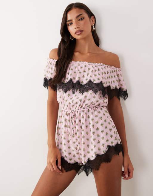 AFRM Emun off shoulder lace trim romper in pink polka dot | ASOS