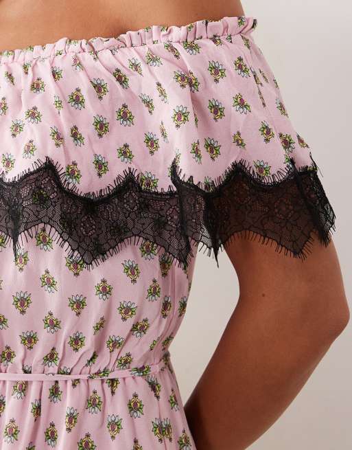 AFRM Emun off shoulder lace trim romper in pink polka dot, 4 of 4
