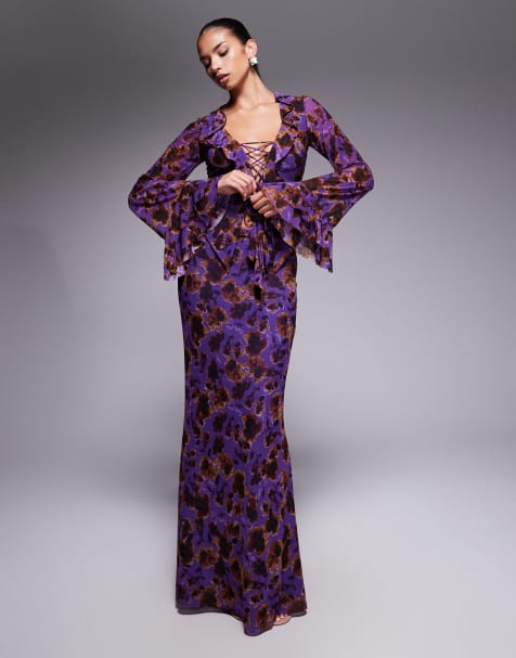 AFRM - Ensemble en maille avec jupe longue et top à laçage et manches cloche - Violet fleuri - view 1