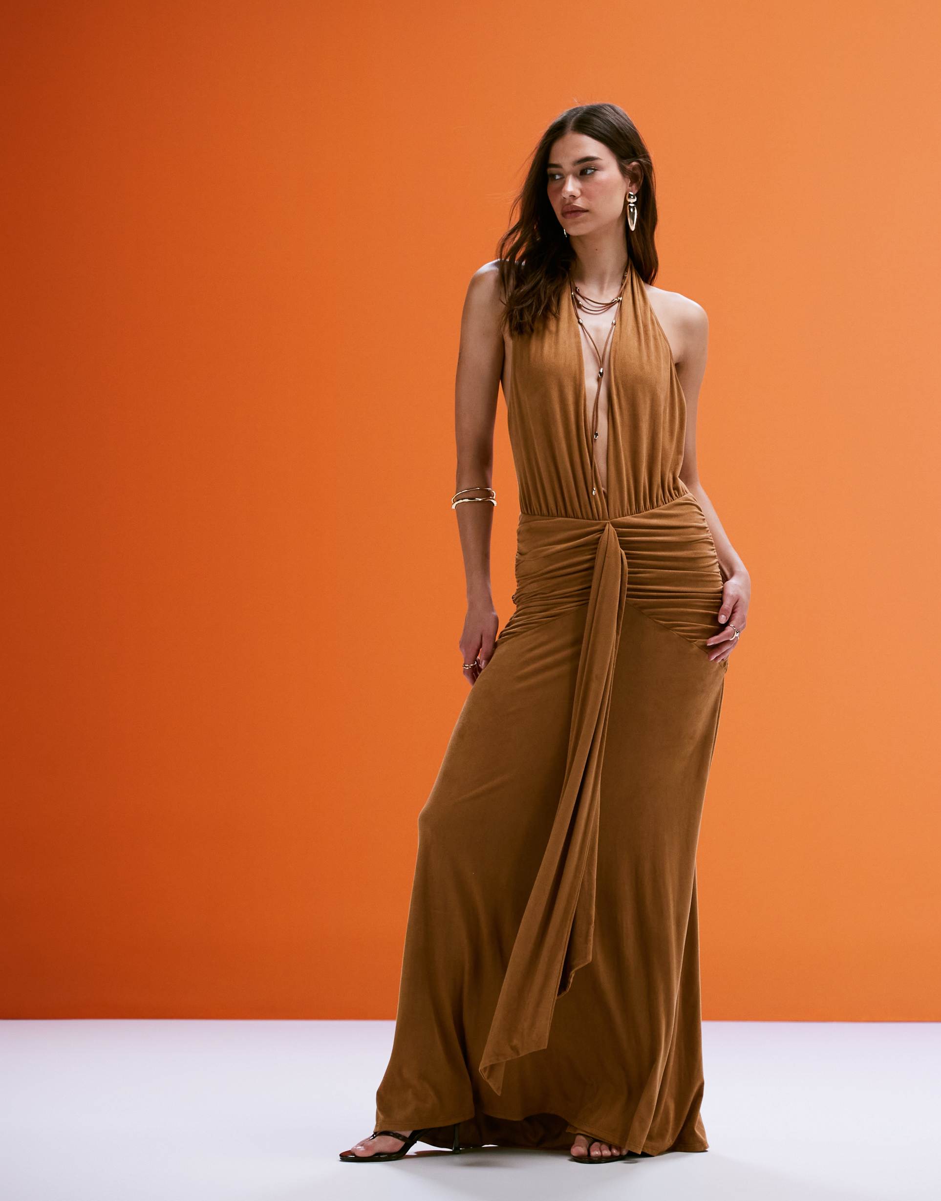 afrm faux suede halter neck maxi dress with tie front in caramel