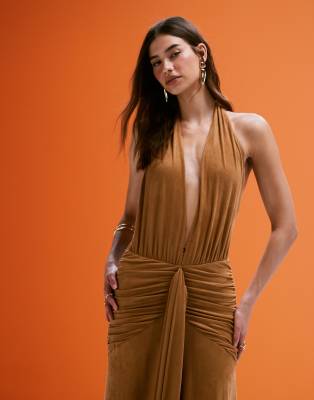AFRM FAUX SUEDE HALTER NECK MAXI DRESS WITH TIE FRONT 