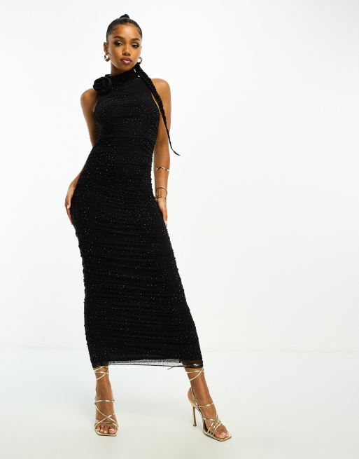 Naked Wardrobe ruched shoulder detail draped maxi dress in black