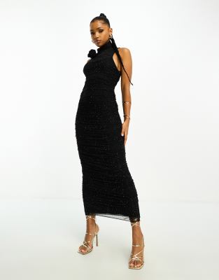 AFRM - Fiorella - Vestito midi in rete nera con strass 