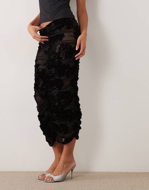 AFRM flocked mesh mid rise elastic waistband ruched midaxi skirt in black floral - view 1