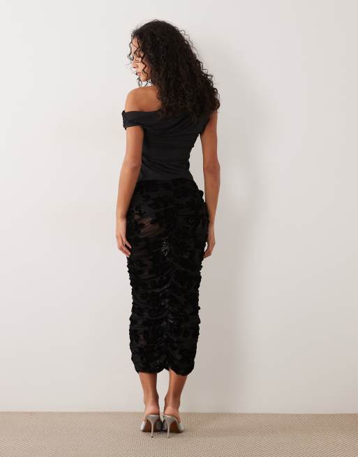 AFRM flocked mesh mid rise elasticated waistband ruched maxi skirt in black floral, 3 of 5