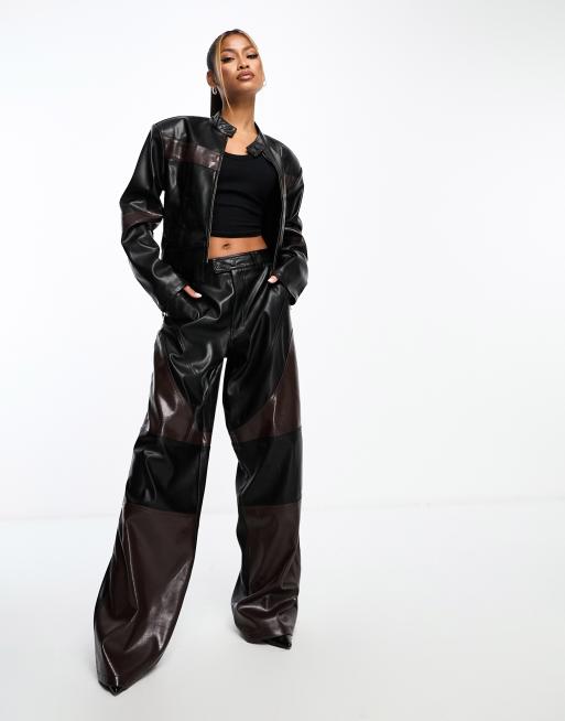 Motorcross Colorblock Real Leather Flared Pants