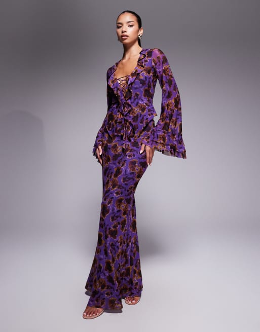 AFRM - Gebreide maxi-rok met fishtail in paarse bloemenprint, deel van co-ord set