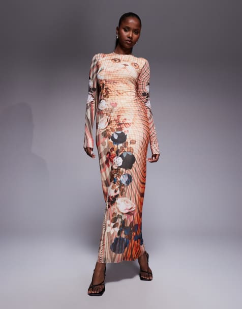 AFRM - Geruite maxi-jurk met ronde hals, lange mouwen en kattenprint - view 1