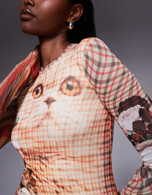 AFRM - Geruite maxi-jurk met ronde hals, lange mouwen en kattenprint, 2 van 4