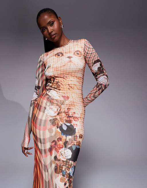 AFRM - Geruite maxi-jurk met ronde hals, lange mouwen en kattenprint, 4 van 4