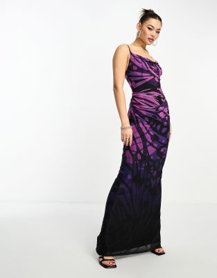 AFRM GILLIAN MAXI DRESS IN PURPLE MESH WITH BUTTERFLY OMBRE PRINT