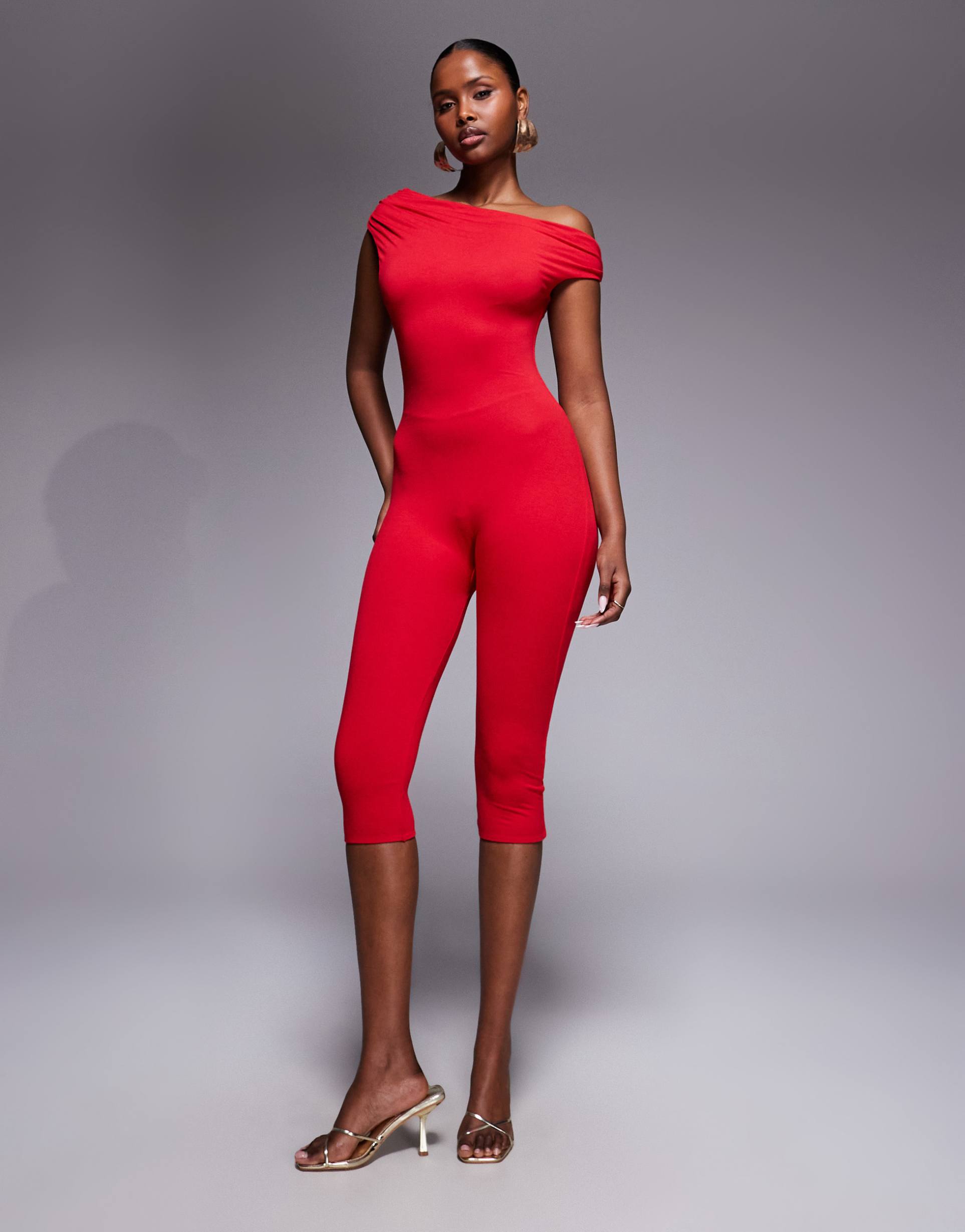 afrm gina asymmetric shoulders capri length jumpsuit in red
