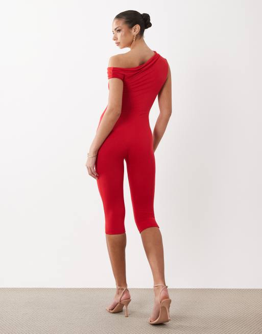 AFRM Gina asymmetric shoulders capri length jumpsuit in red, 4 of 4