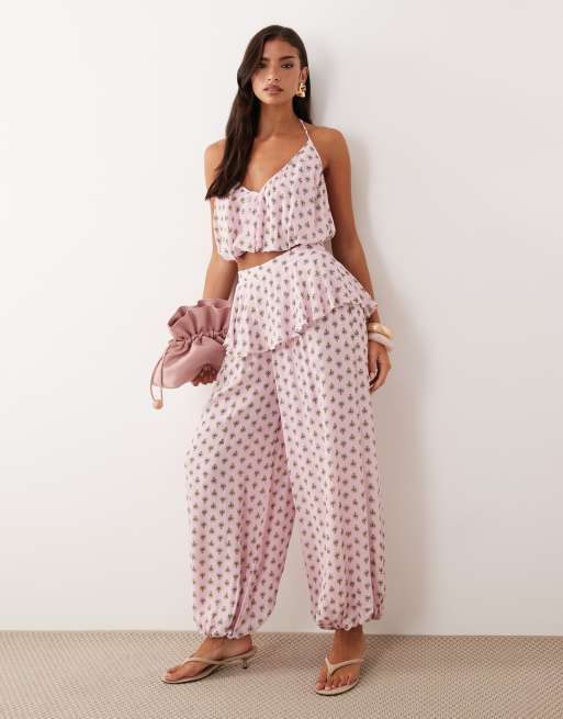 AFRM halter neck crop top and balloon pants set in pink polka dot, 2 of 3
