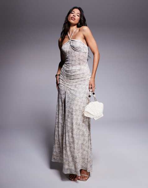 AFRM halter neck drop waist maxi dress in sheer cream