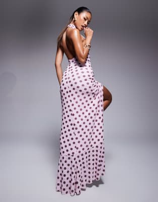 AFRM halter neck ruffle maxi dress in pink polka dot | ASOS