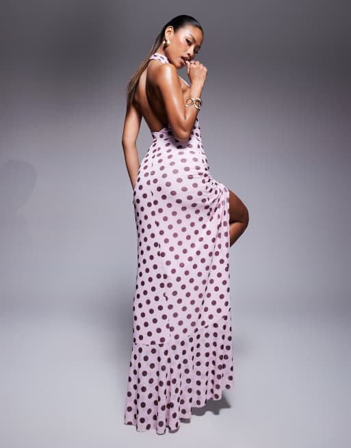 AFRM halter neck ruffle maxi dress in pink polka dot ASOS