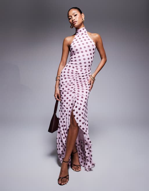 Polka Dot High-Low Halter Neck Dress