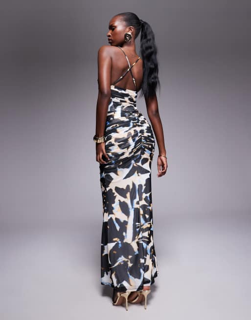 cream halter maxi dress Cream Floral Print Backless Halter Neck Maxi Dress