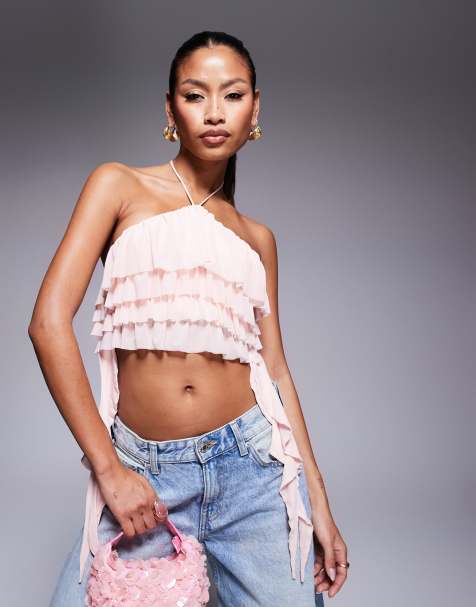 AFRM halter neck ruffle top in pink