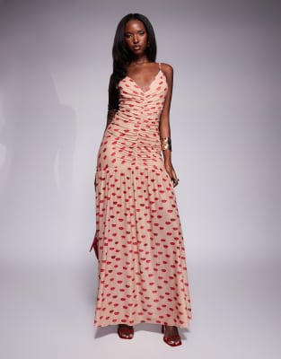 Harlo plunge maxi dress with ruched detailing in almond kiss-Multi