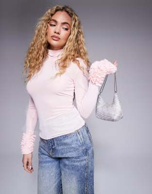 Helena mesh top with ruffle sleeve detail in pink