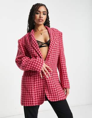 Afrm Herringbone Jacket In Pink & Red - Part Of A Set-multi