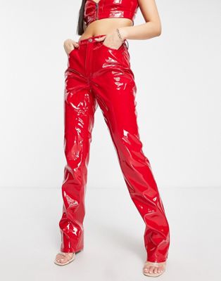 AFRM heston high rise straight leg faux leather co-ord trouser in red - ASOS Price Checker
