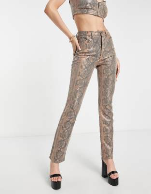 Afrm Heston High Rise Straight Leg Faux Leather Pants In Snake Print - Part Of A Set-multi