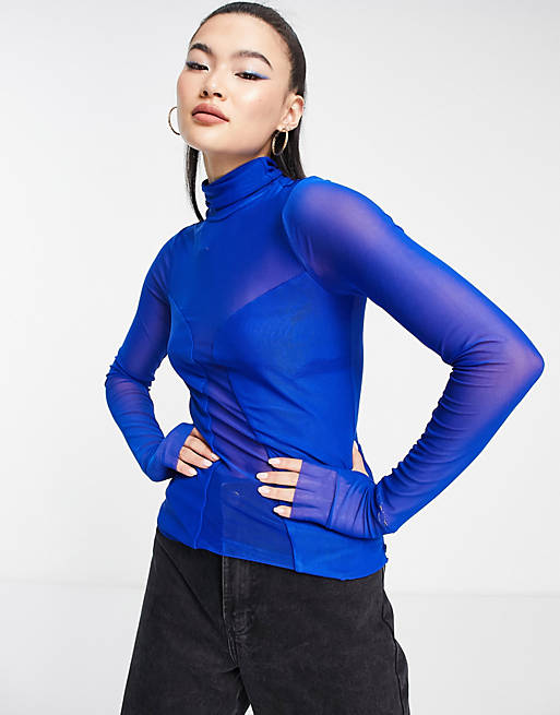 AFRM HIGH NECK MESH LONG SLEEVE TOP IN BLUE | ASOS