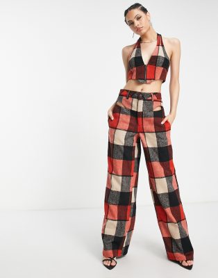 high rise cut out wide leg pants in check print - part of a set-Multi