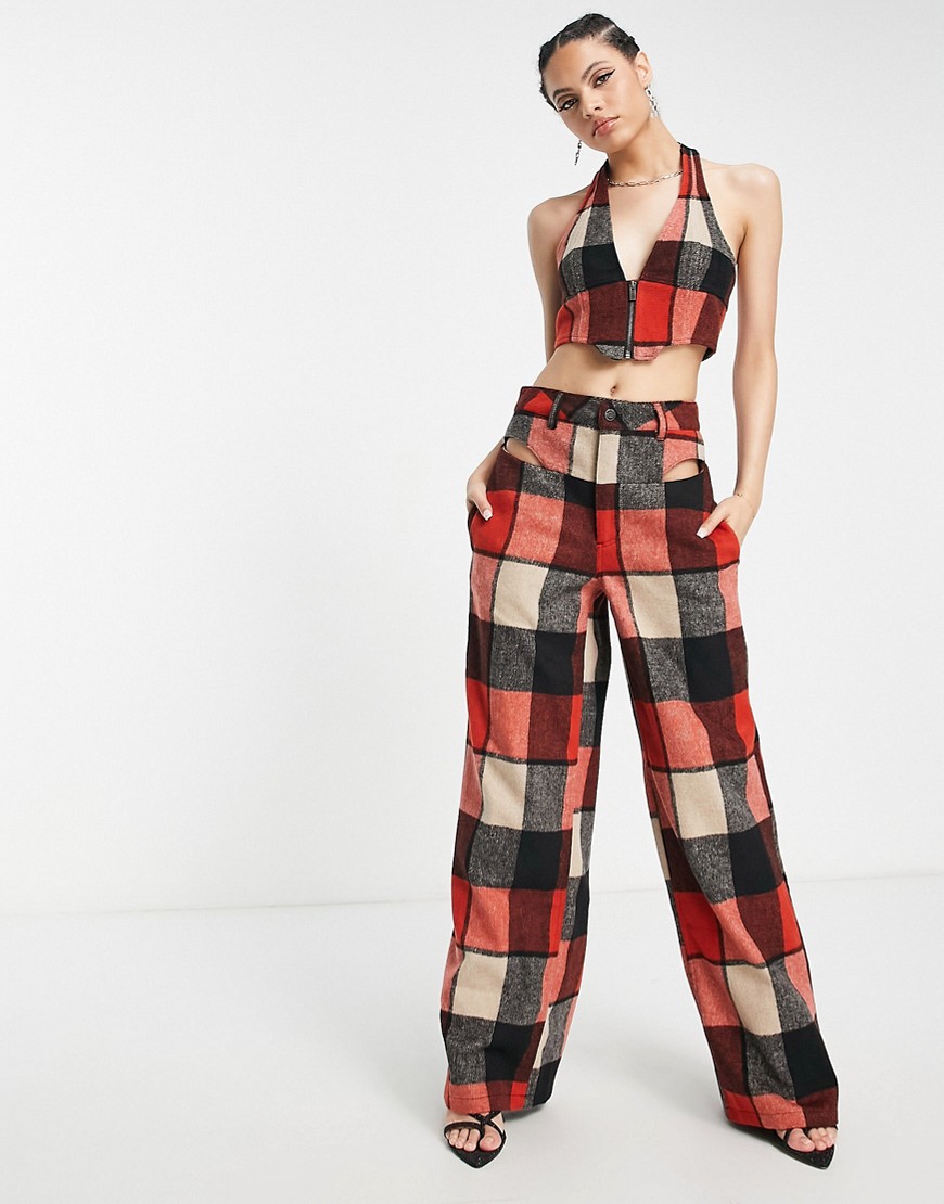 AFRM high rise cut out wide leg pants in check print - part of a set-Multi