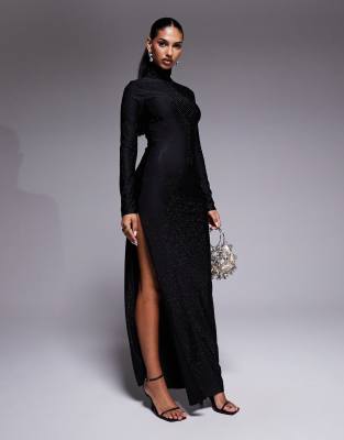 AFRM AFRM hotfix roll neck thigh split maxi dress in black