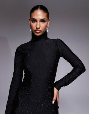 Afrm Hotfix Roll Neck Thigh Split Maxi Dress In Black