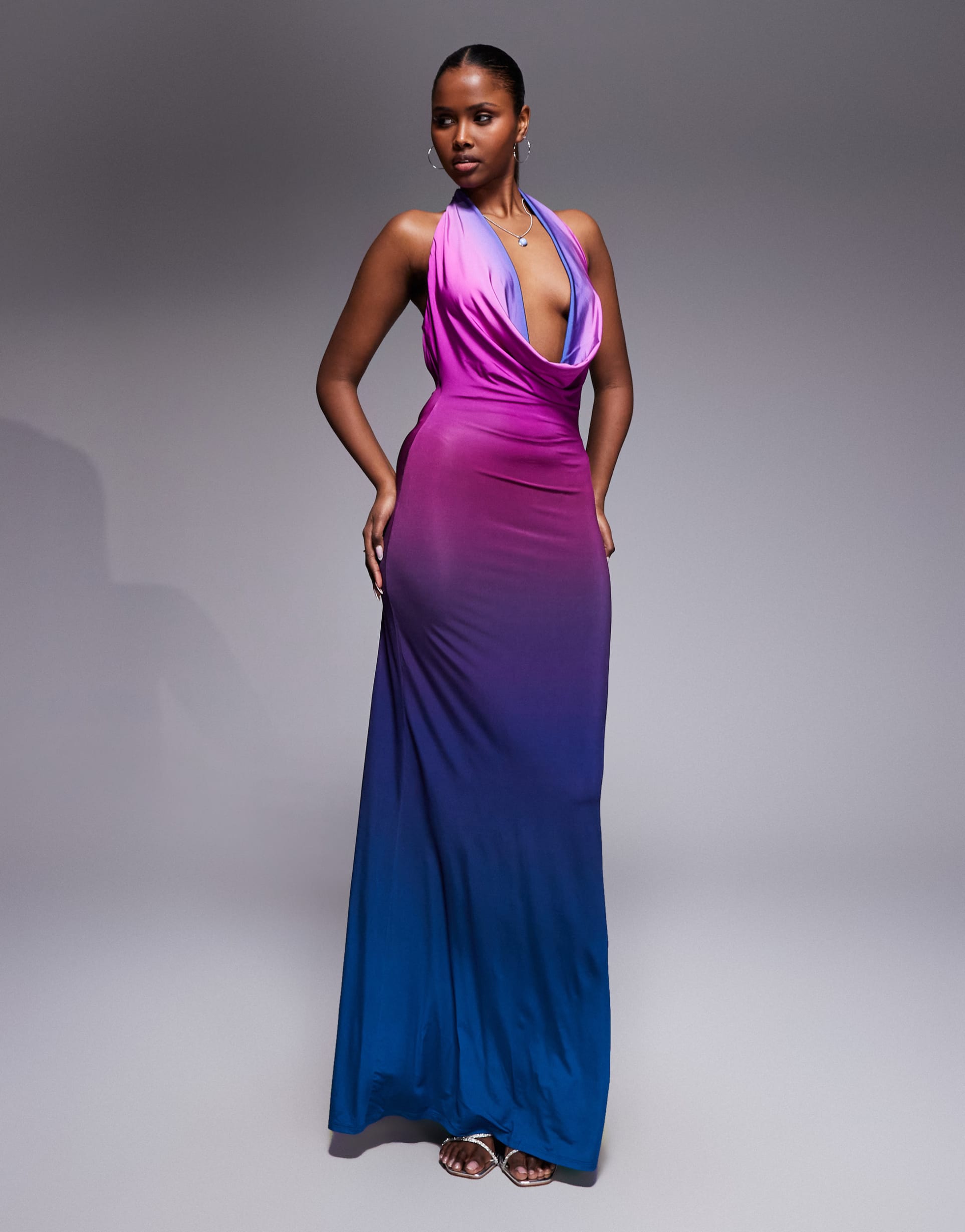 afrm imade slinky cowl neck halter maxi dress in purple ombré