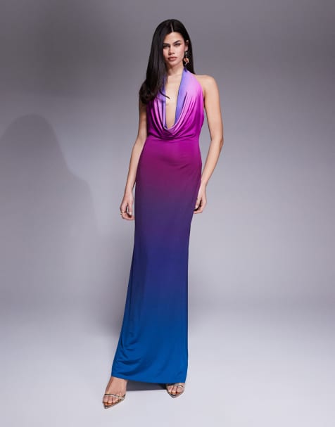 AFRM Imade slinky cowl neck halter maxi dress in purple ombre