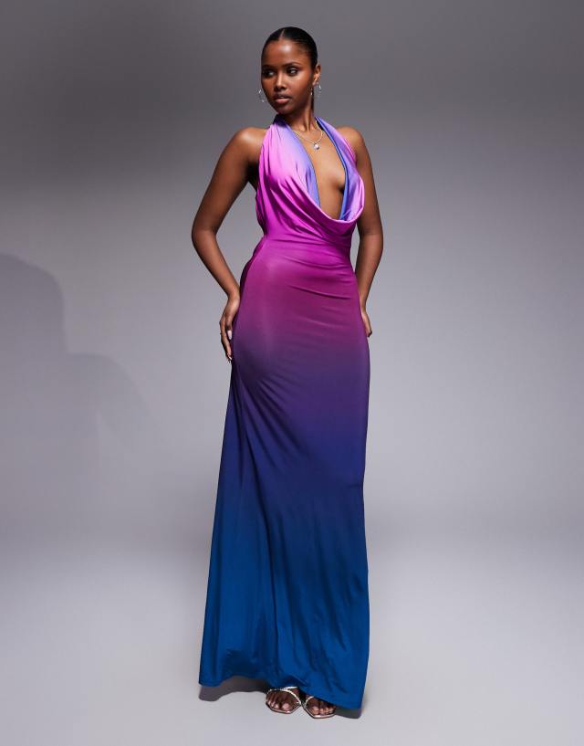 black and purple dress drifblim AFRM Imade slinky cowl neck halter maxi in ombré occasions: prom 2026 18% spandex * Fabric Kids' Will Oxford Dress Size:M(US 6)