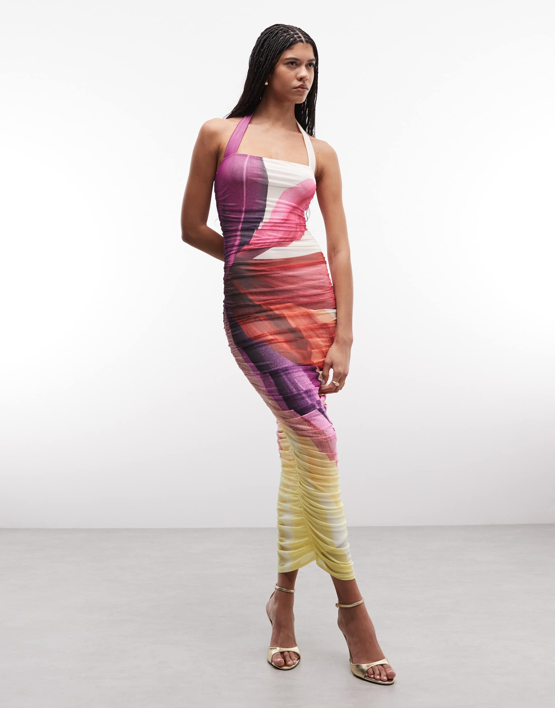 afrm indina printed mesh halterneck midi dress in pink floral