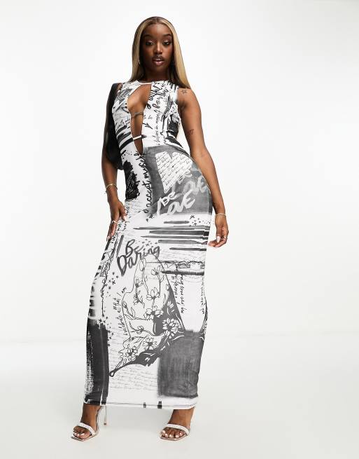 AFRM - Inid - Robe longue à découpe sur le devant - Noir et blanc