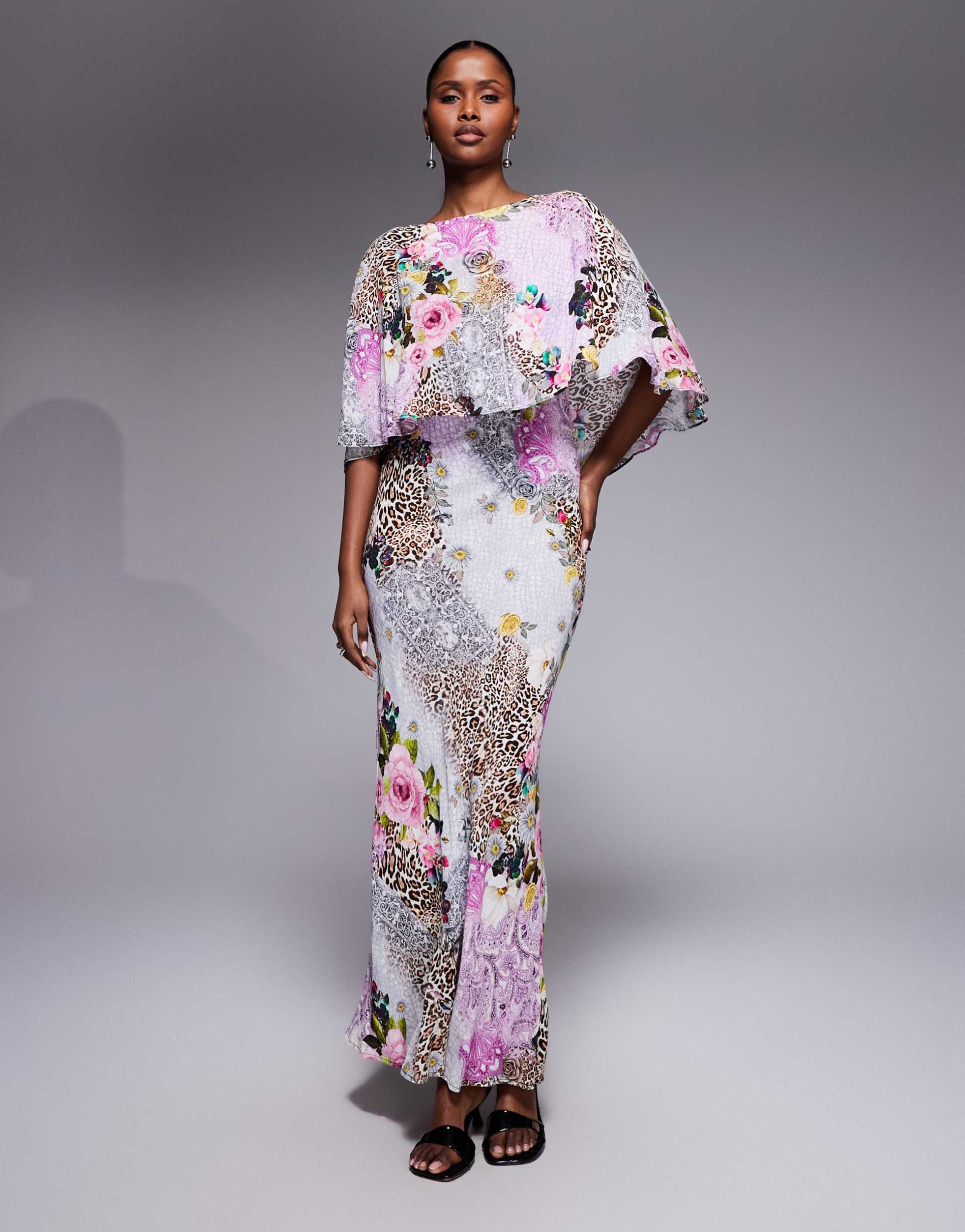 afrm izel maxi dress with cape detail in floral patchwork