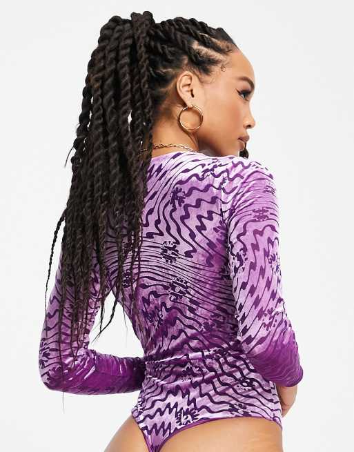 AFRM Jacky long sleeve plunge graphic bodysuit in purple