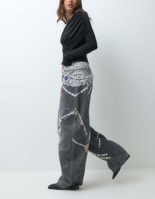 AFRM jean barrel en denim non extensible à imprimé bijoux, délavé gris, 4 de 5