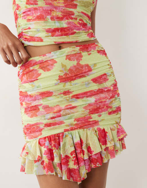 AFRM Jinx mesh ruffle mini skirt co-ord in lime and pink floral, 5 of 5