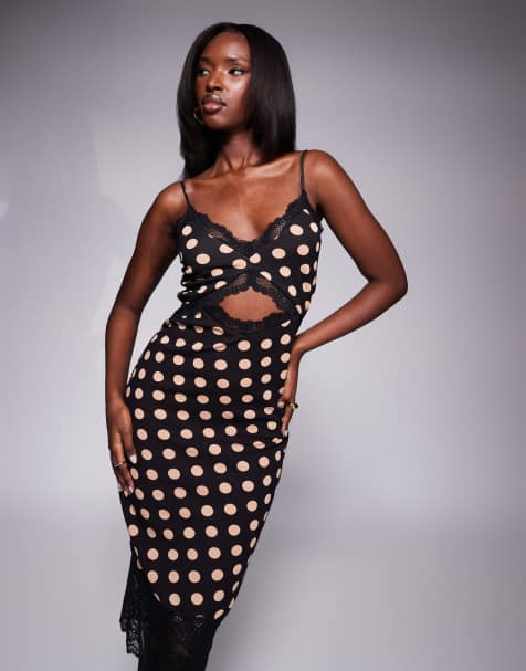 AFRM Josestte midi dress with lace trim detail in almond polka dot print 