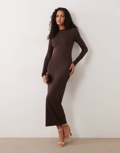 AFRM Juniper knit crepe mock neck long sleeve midi dress in chocolate - view 1