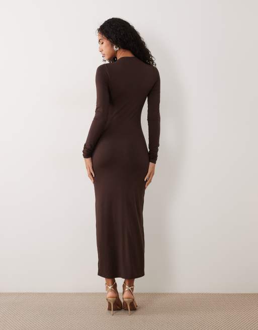 AFRM Juniper knit crepe mock neck long sleeve midi dress in chocolate, 2 of 4