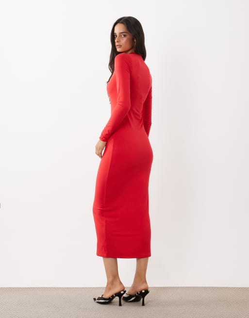 AFRM Juniper knit crepe mock neck long sleeve midi dress in red