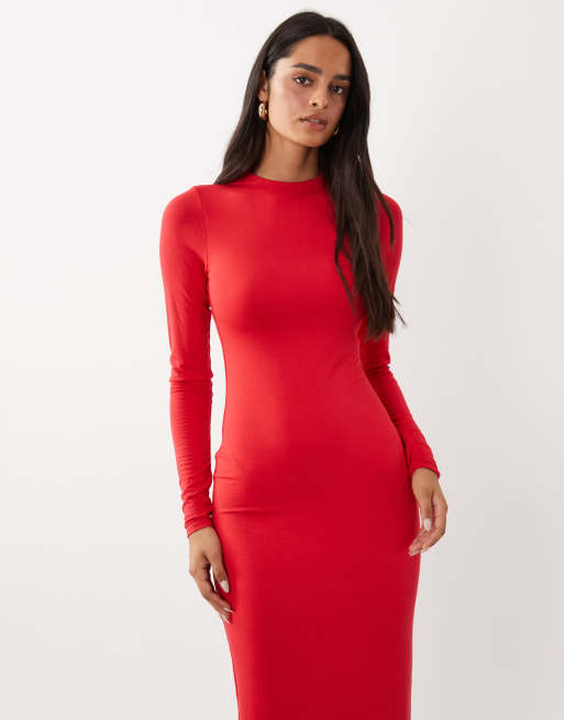AFRM Juniper knit crepe mock neck long sleeve midi dress in red